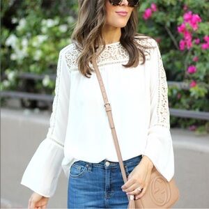 LOFT Ivory Crochet Lace Bell Sleeve Poet Blouse
